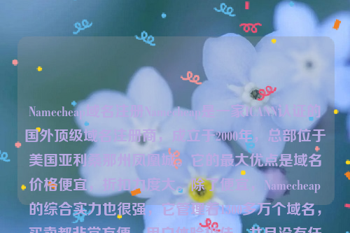 Namecheap域名注册Namecheap是一家ICANN认证的国外顶级域名注册商，成立于2000年，总部位于美国亚利桑那州凤凰城。它的最大优点是域名价格便宜，折扣力度大。除了便宜，Namecheap的综合实力也很强，它管理着1300多万个域名，买卖都非常方便，用户体验极佳，并且没有任何隐藏费用。namesilo域名注册