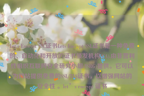 Let's Encrypt SSL证书Lets Encrypt SSL证书是一种免费的、自动化和开放的证书颁发机构(CA),由非营利性组织互联网安全研究小组(ISRG)提供。它可以为网站提供免费的SSL/TLS证书，以增强网站的安全性 。let’s encrypt 证书